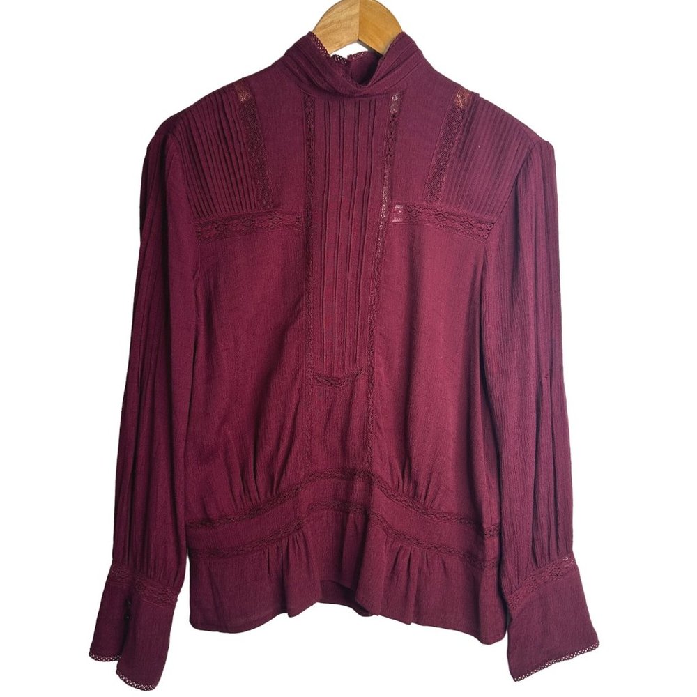 See U Soon Lace Trim Long Sleeve Blouse Womens S Mock Neck Maroon Boho NEW